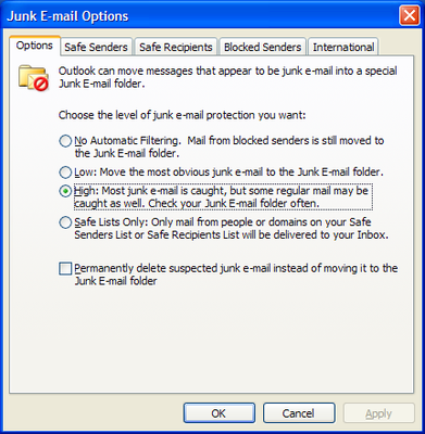 Outlook 2003 Junk E-mail Options